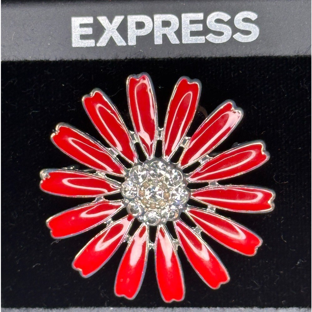 Express Red Enamel Daisy Flower Brooch Rhinestone Center Silver Tone Pin